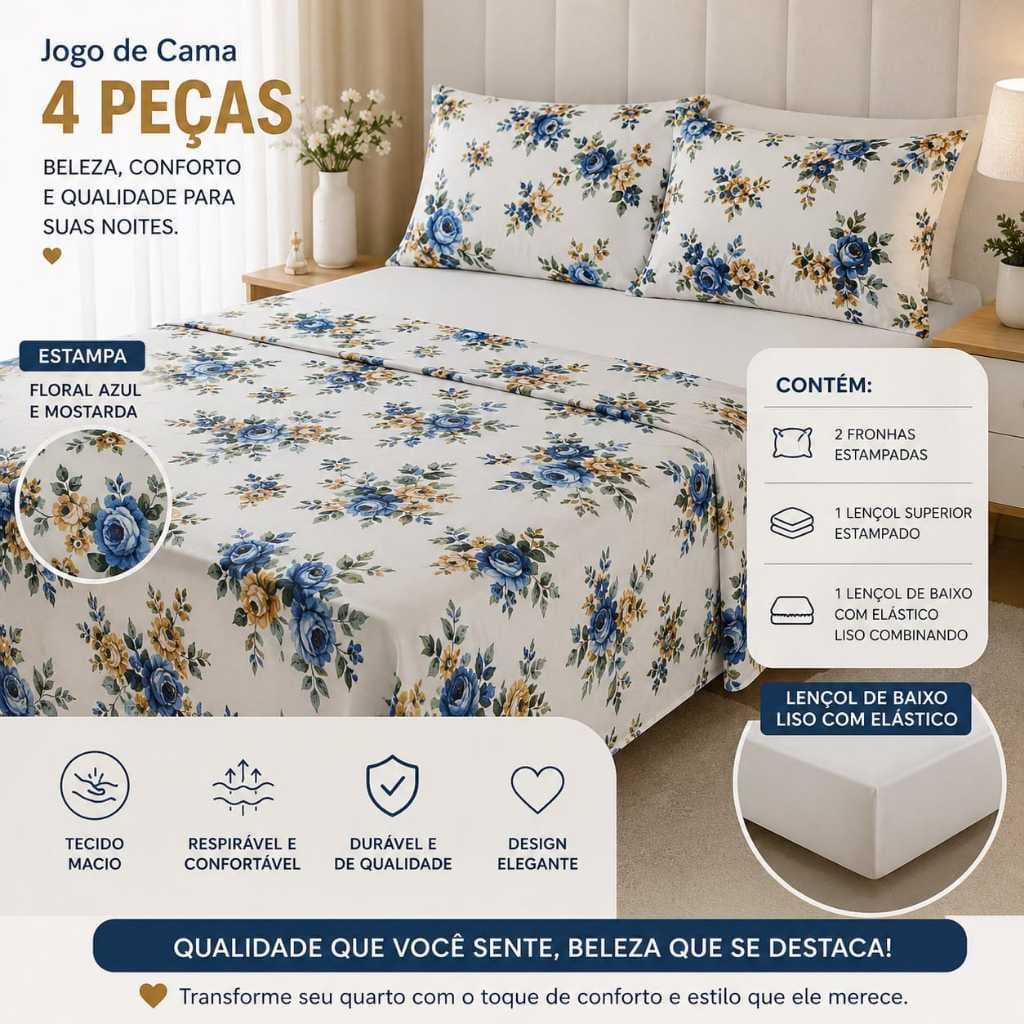 Jogo de Cama Casal BOX 4 Peças Yasmim Tok de Algodãeno – Estampa Floral  |LENÇOL  com Elástico