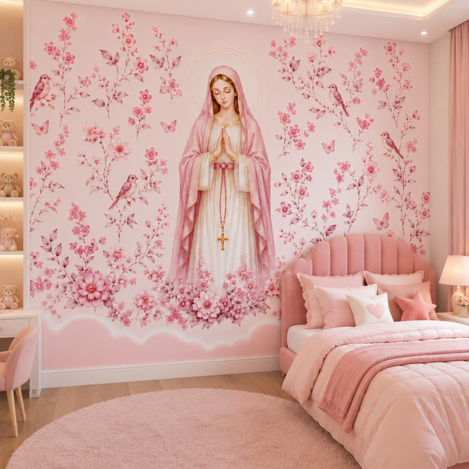 Papel de Parede Nossa Senhora Infantil Rosa Floral Quarto Bebê Menina Vinílico Autoadesivo