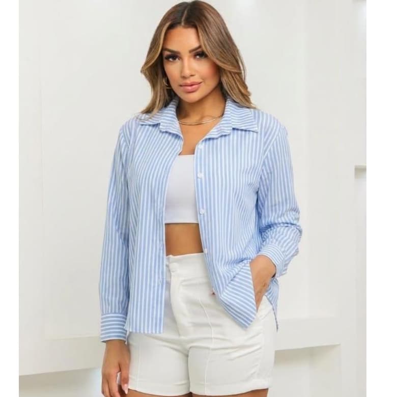Camisa SOCIAL Femenina Manga longa Estampa Listrada FINO sem bolso.