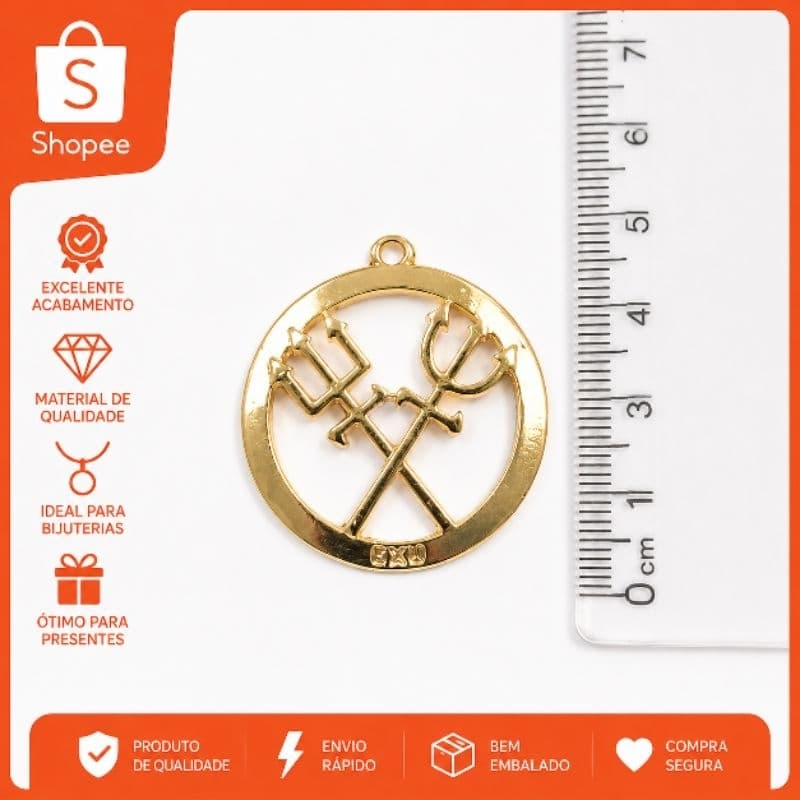 Pingente Medalha Tridente de Exu e Pombagira – Dourado para Bijuterias e Artesanato
