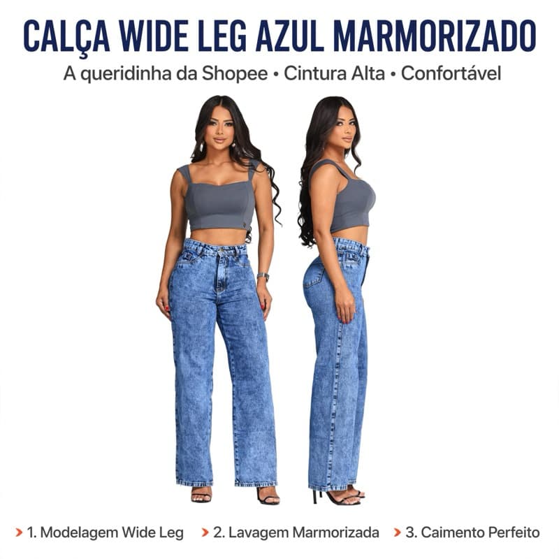 Calça Jeans Feminina Wide Leg azul Marmorizada Cintura Alta Sem Lycra