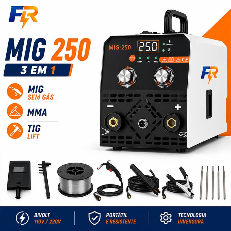 Máquina de Solda Inversora 3 em 1 MIG 250 Sem Gás MMA TIG Bivolt 110V/220V Portátil Profissional