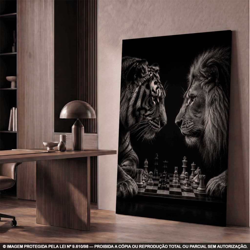 Quadro Decorativo Leão e Tigre Jogando Xadrez Preto e Branco Borda Infinita