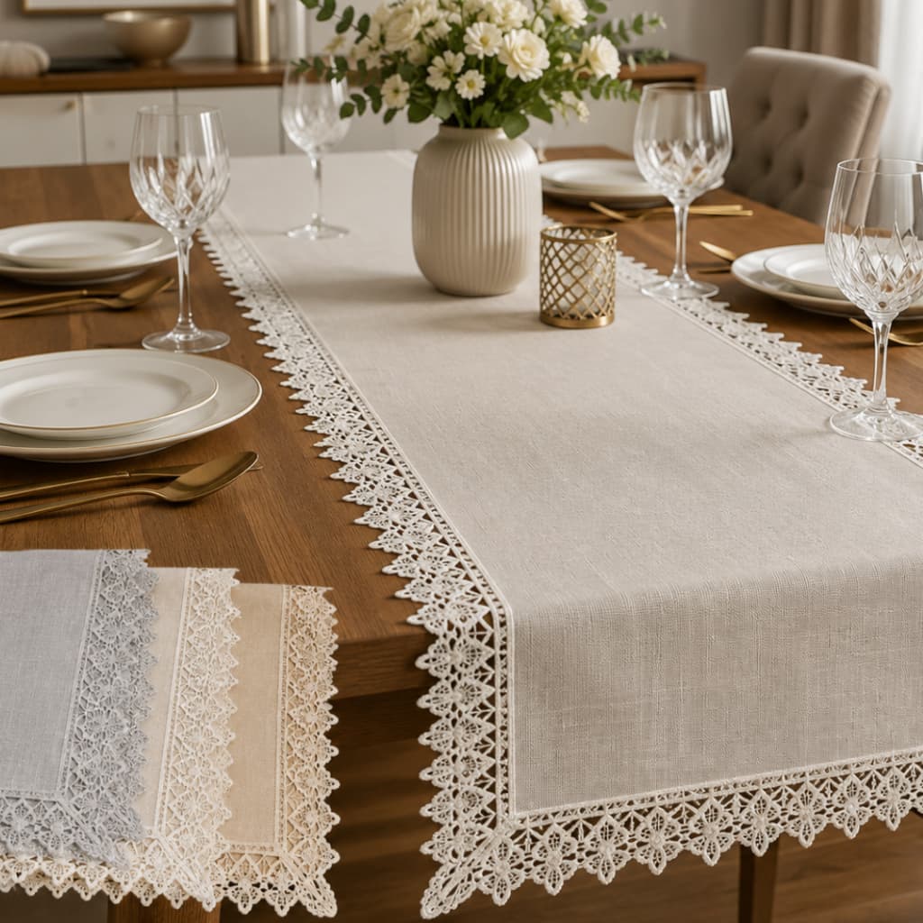 Trilho de Mesa Linho Premium Com Renda Guipir 5cm Buffet e Decoração 4 e 6 lugares