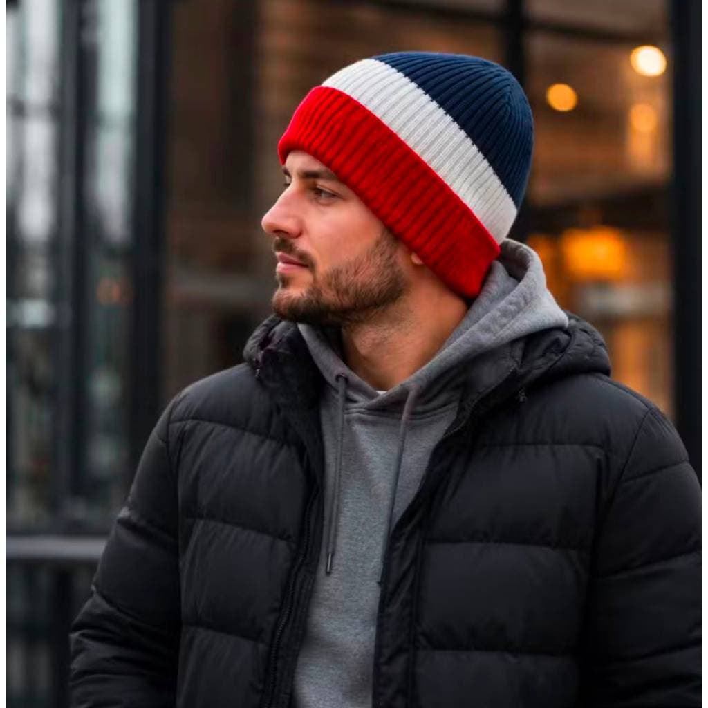 Touca Gorro de Inverno Tricot Canelado Unissex Quente Confortável Listrada Azul Marinho Branco Vermelho Premium