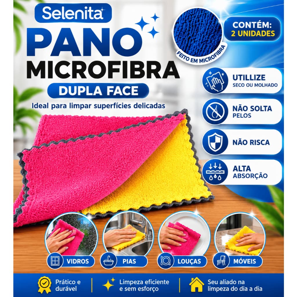 Kit 2 Panos de Microfibra Dupla Face Alta Absorção Multiuso Limpeza Vidros Móveis Louças