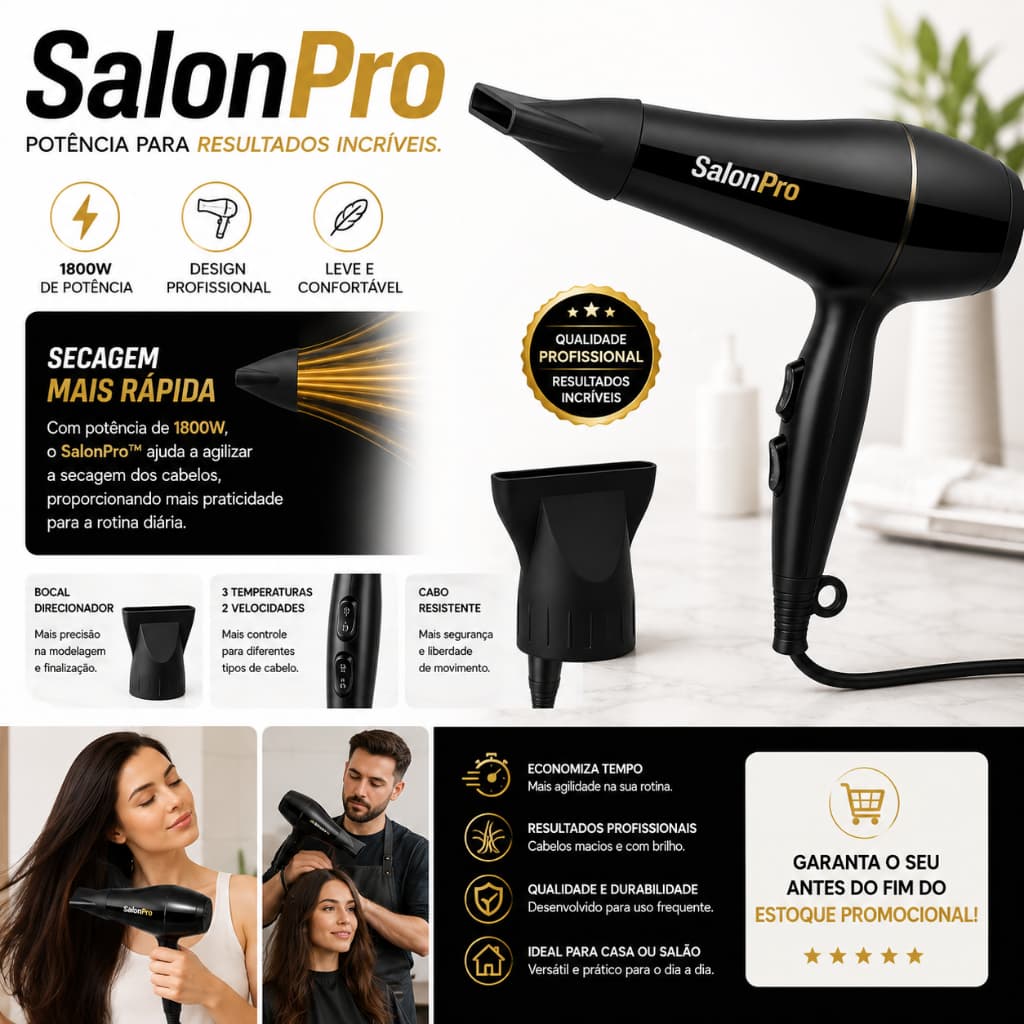 Secador de Cabelo Profissional 1800W SalonPro™ 127V Potente Leve com Bocal Direcionador Preto