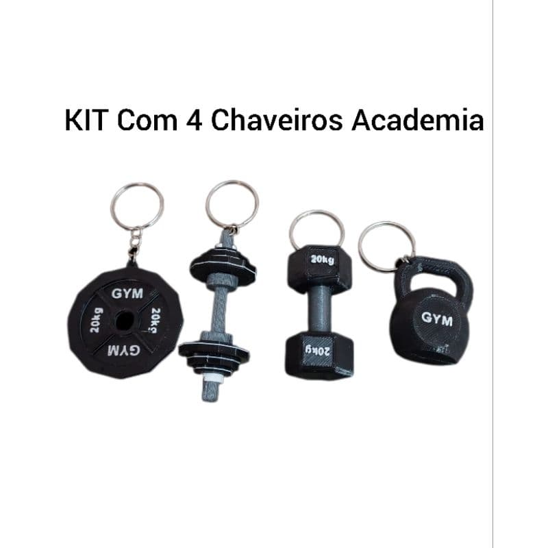 Kit Chaveiros Academia 3D Personalizado – Halter, Kettlebell, Barra e Anilha | Presente Fitness