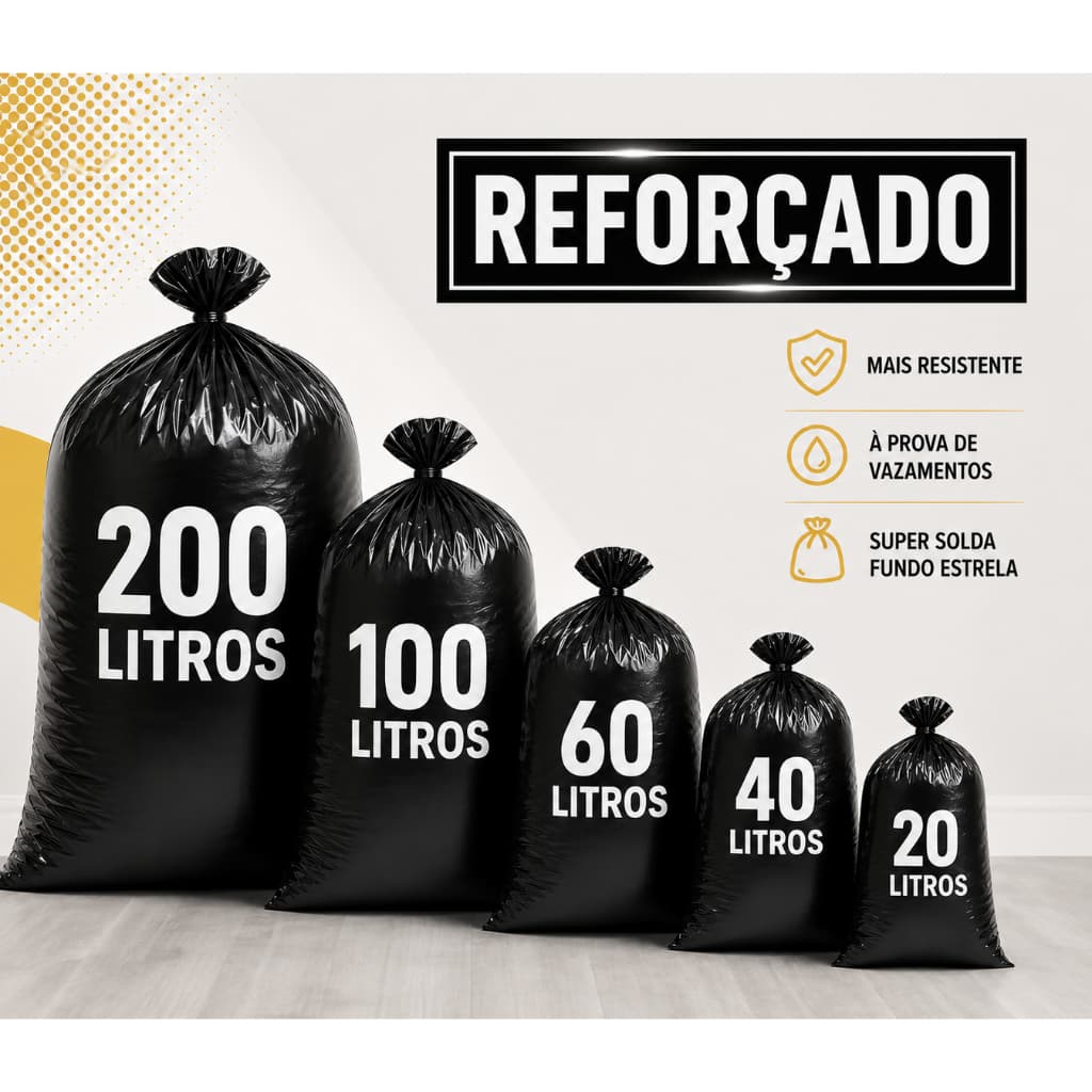 Saco de Lixo Reforçado Preto 20 40 60 100 200 Litros Alta Resistência Uso Doméstico Comercial 100 Unidades