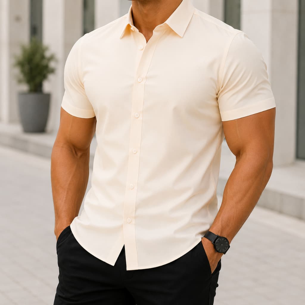 Camisa Masculina Lisa Slim Fit Manga Curta  Caimento Simples Sem Bolsos  Não Amassa Passa Fácil