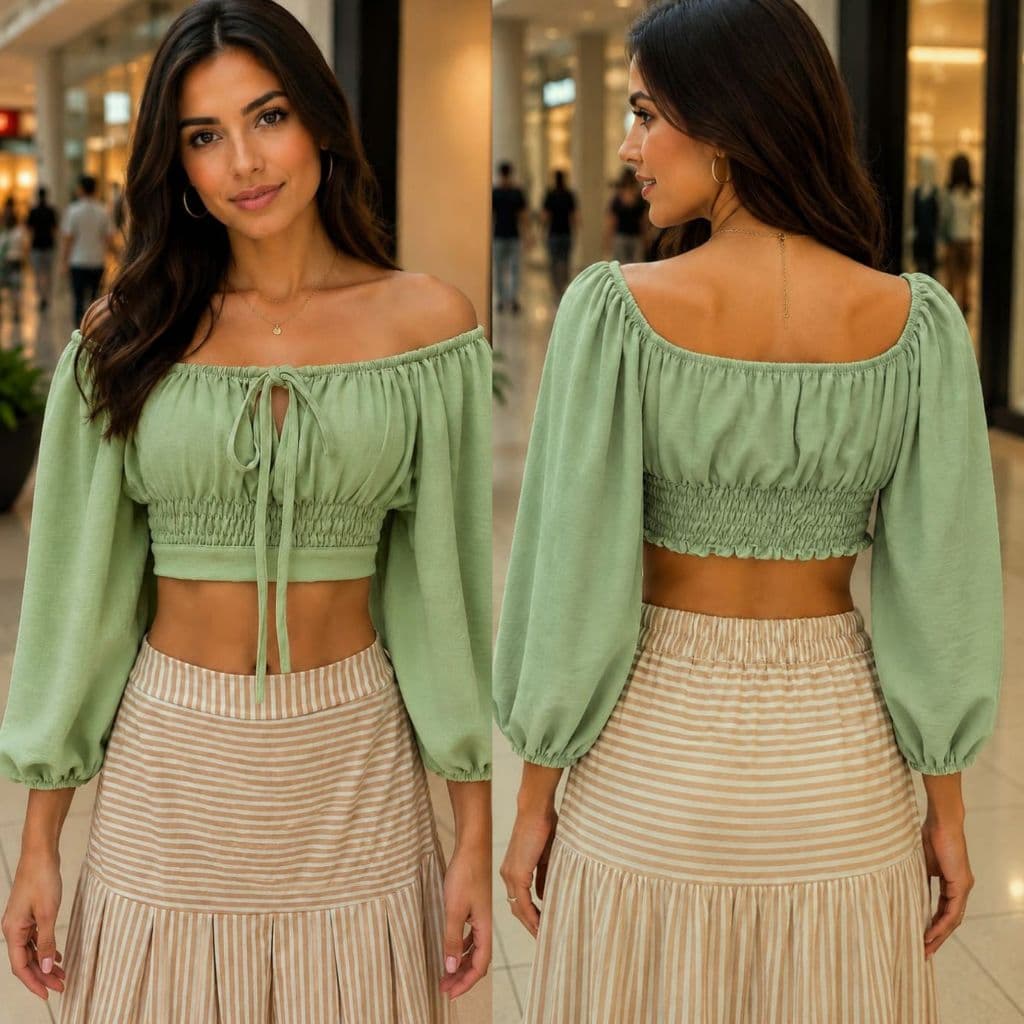 Blusa Cropped Ciganinha Manga Bufante amarração no busto com elastex na cintura