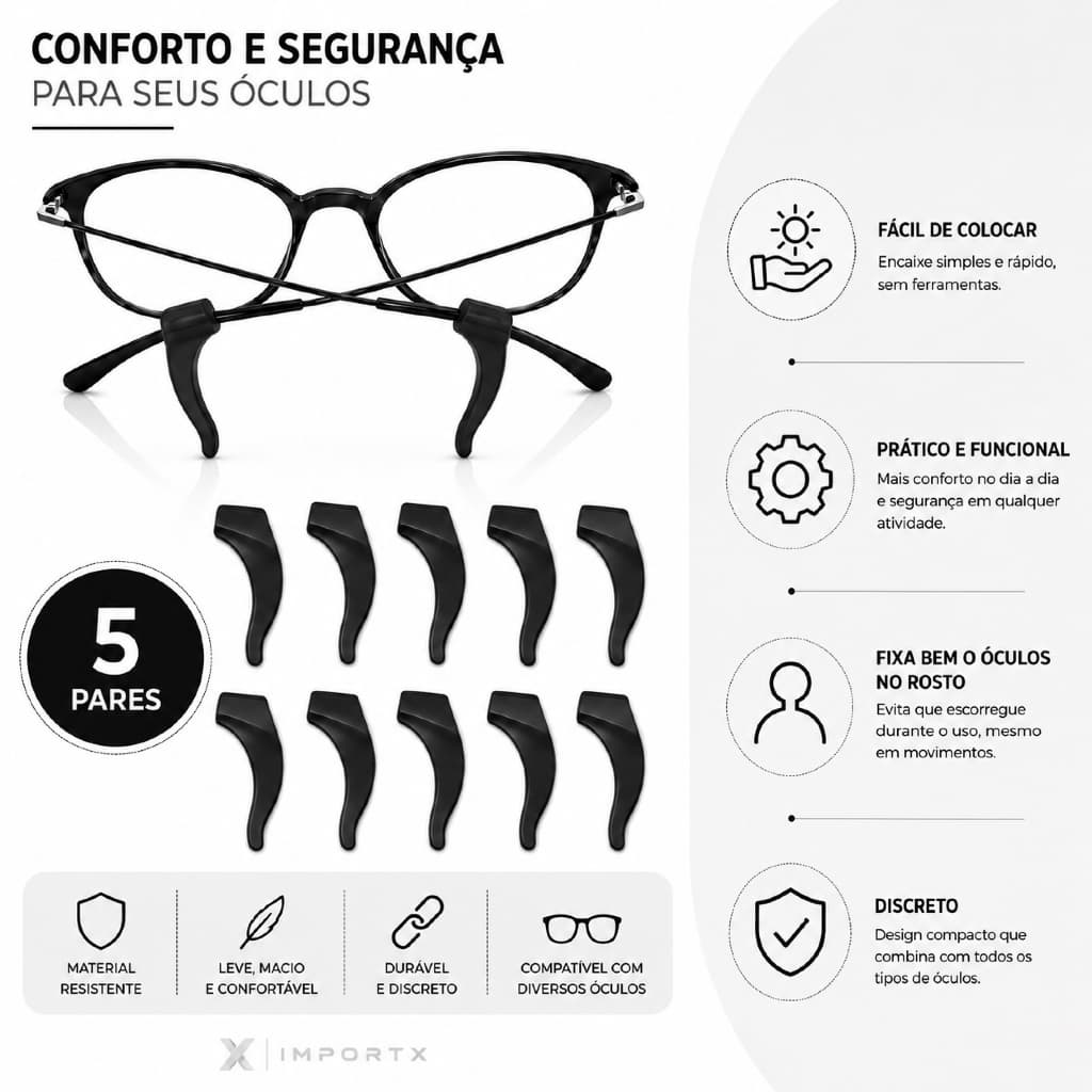 Kit 5 Pares Gancho para Óculos Silicone Universal Antideslizante Trava Haste Fixador Protetor Orelha Esporte Corrida