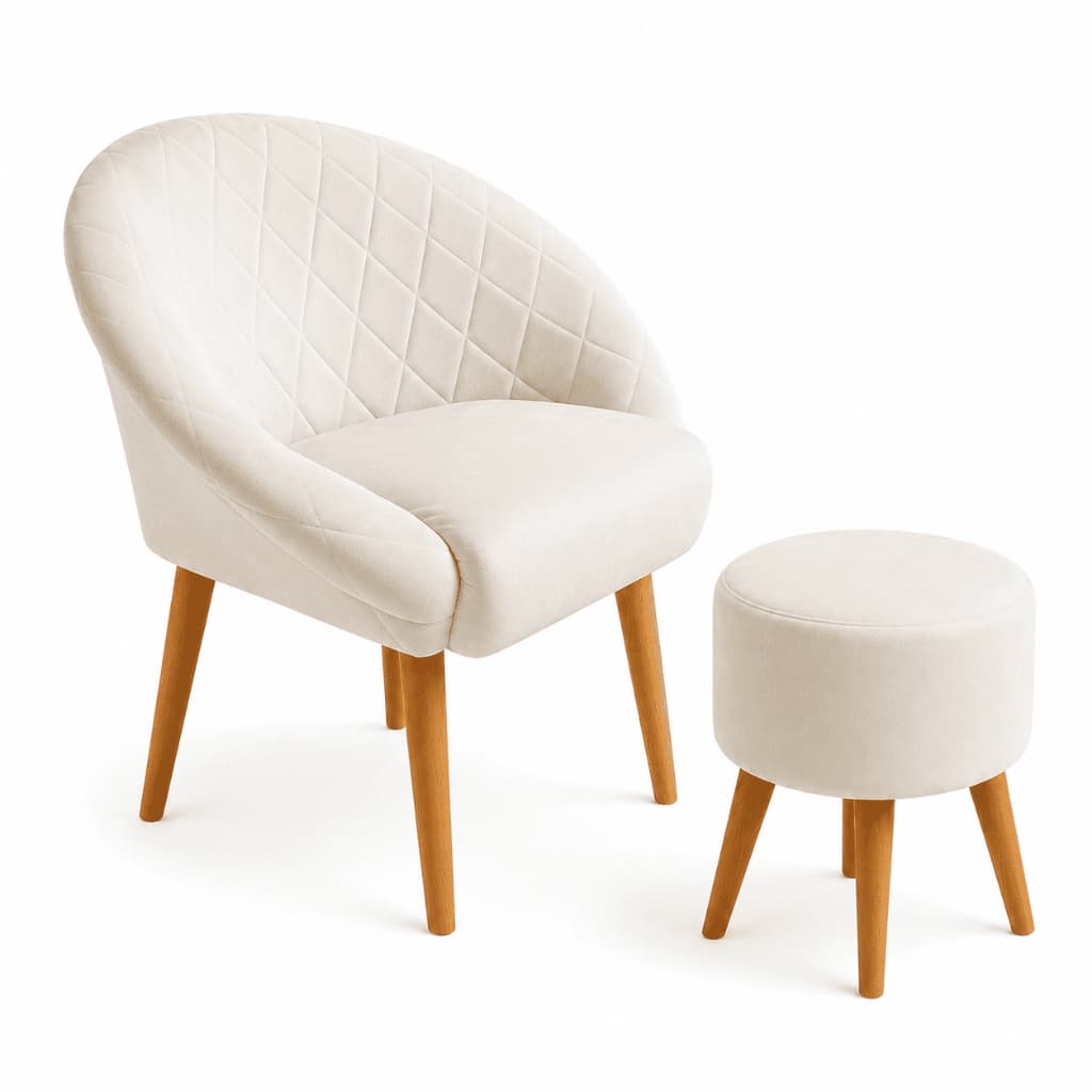 Kit Poltrona Puff Ibiza Capitonê Veludo Pés Palito Madeira Conjunto Sala Estar Quarto Escritório Recepção