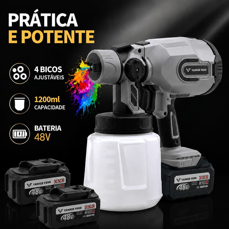 Pistola de Pintura Elétrica Sem Fio 48V Recarregável Profissional Bateria 1200ml Alta Potência Yankee Ferr