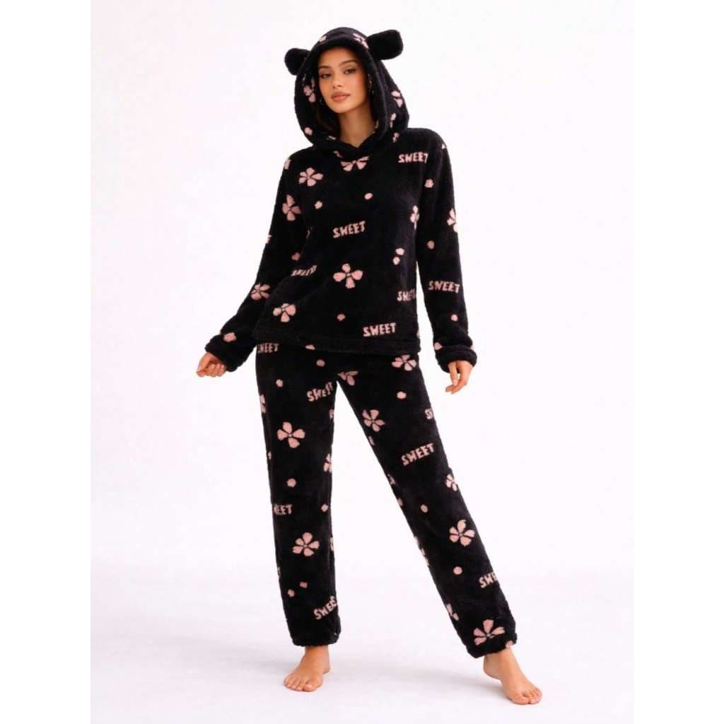 Pijama Feminino Inverno Sherpa Peluciado Quentinho Conjunto Adulto Moda Feminina Tendência Confortável Casual Estampa