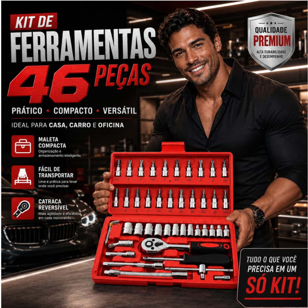 Kit de Chaves e Soquetes com Catraca 46 Peças Vermelho Completo para Reparos Automotivos, Casa, Oficina e Manutenção