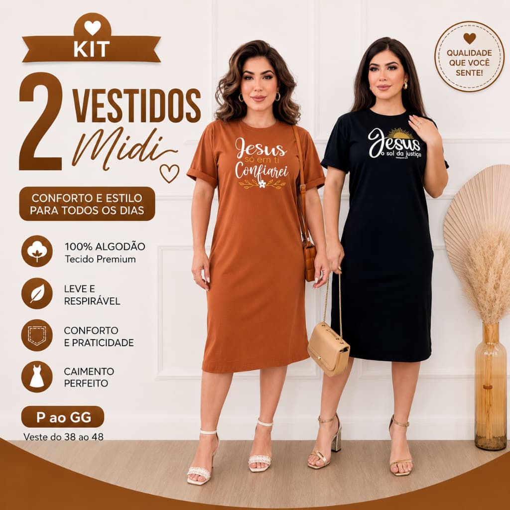 Kit 2 ou 1 Vestidos Midi Feminino 100% Algodão Premium Gola Redonda com Fenda