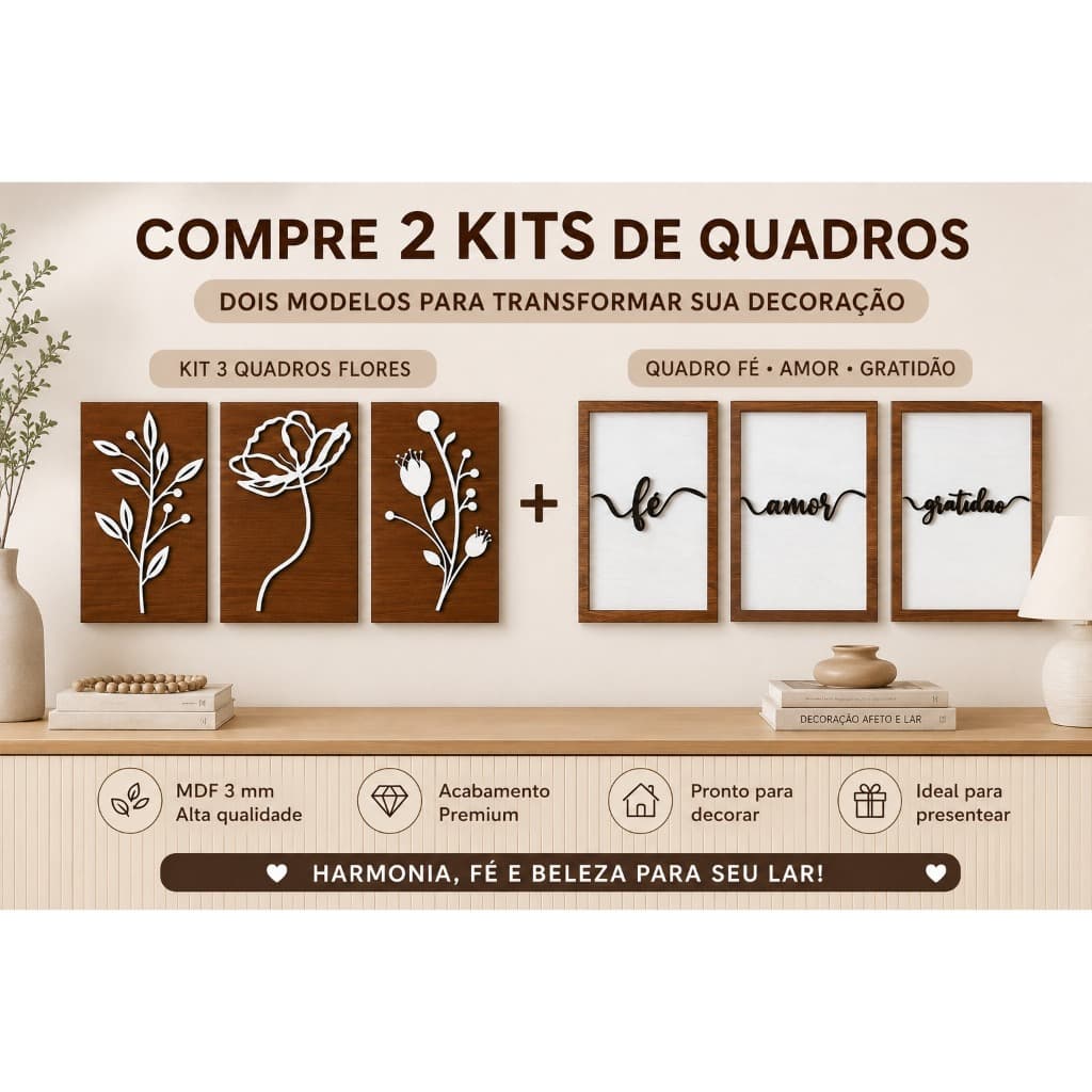 Quadros em MDF Decoração Parede - Kit com 2 conjuntos
