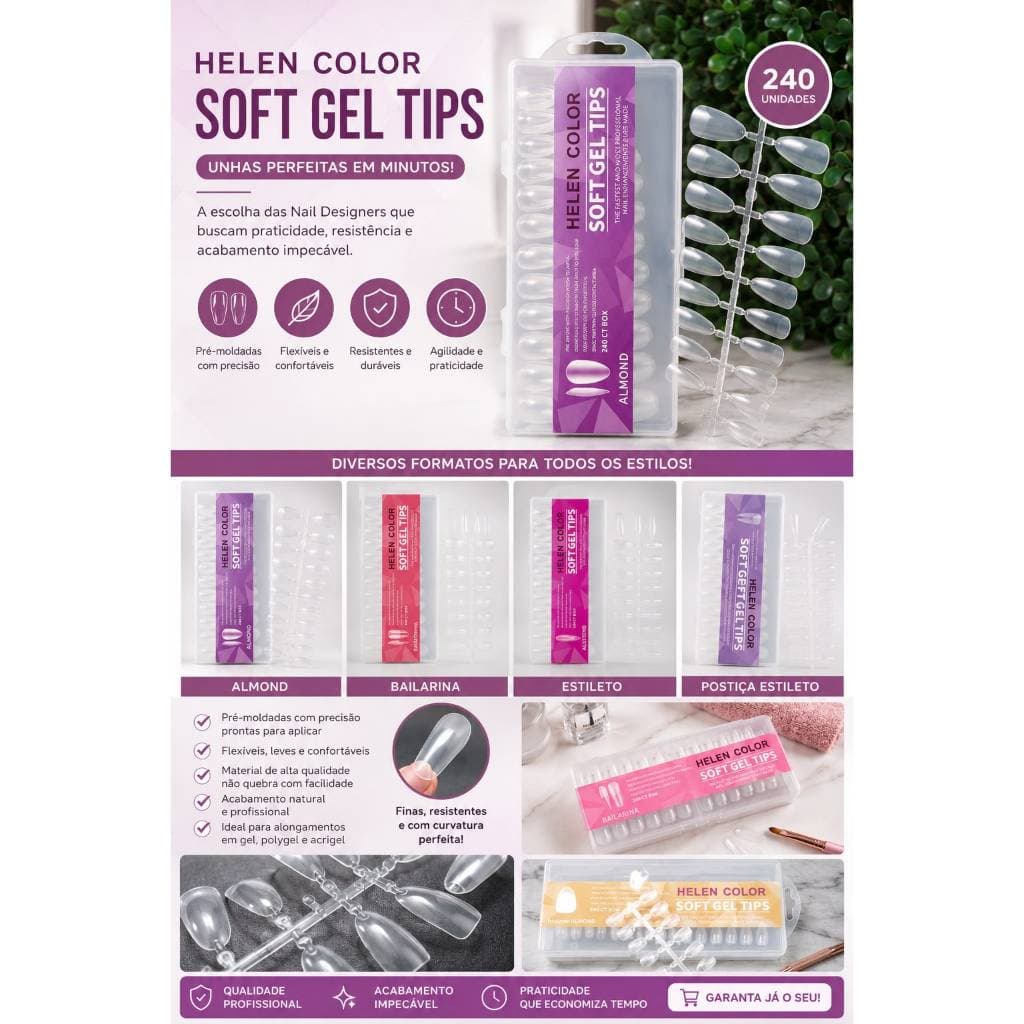 Soft Gel Tips Helen Color 240 Unidades Alongamento de Unhas em Gel | Almond, Bailarina, Stileto, Quadrada