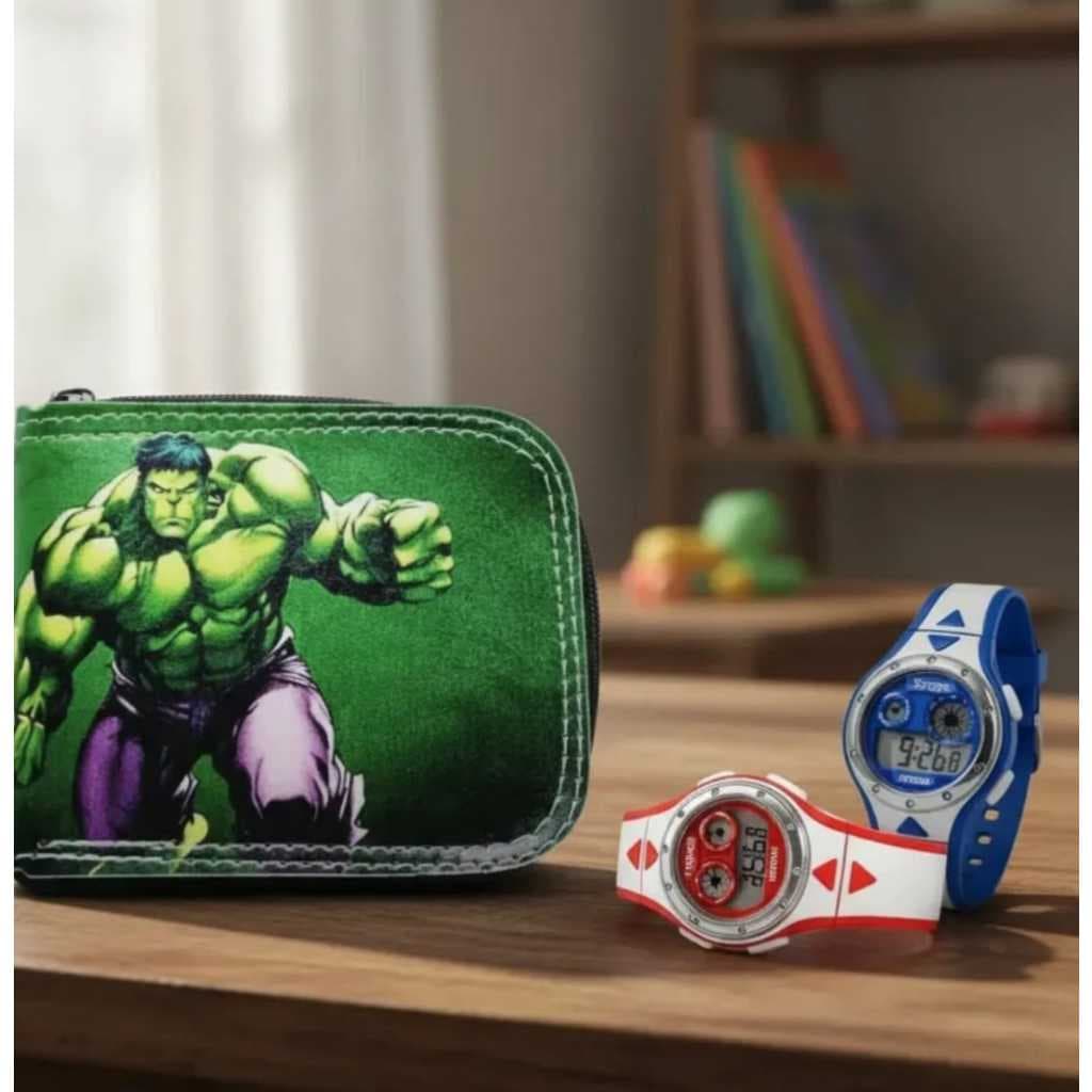 Carteira infantil masculino do Superman e relógio digital de led e cronometro seu filho merece .