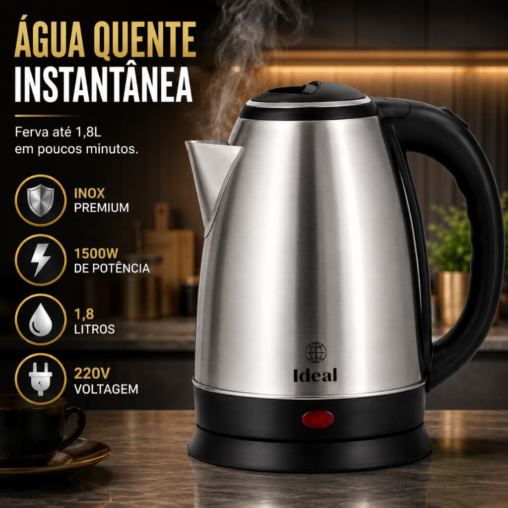 Chaleira Elétrica Inox 1,8 Litros 1500 Watts 220V Ferve Água Rápido Automática