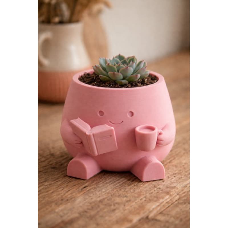 Vaso Decorativo Rosa Leitura | Cachepot Fofo Suculentas | Vasinho Kawaii Livro e Café Decoração Mesa