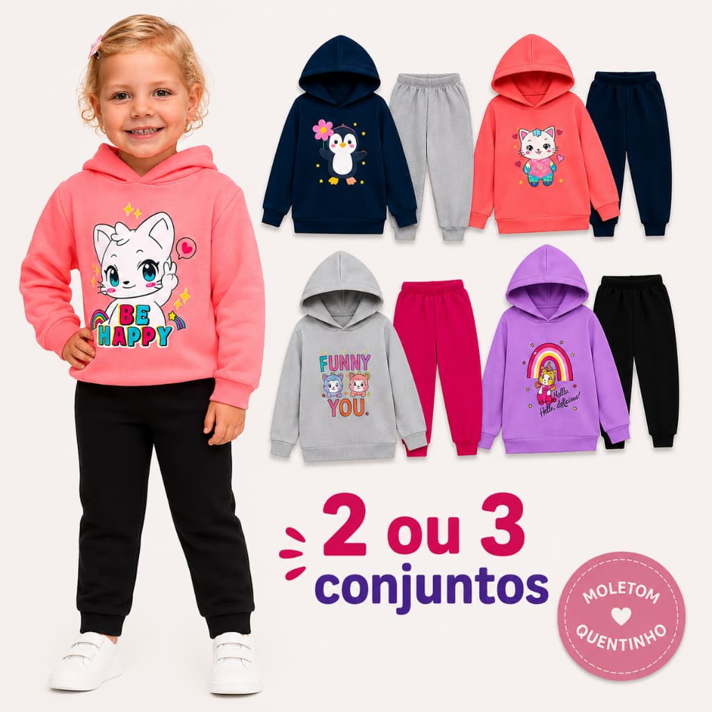 Kit 2 ou 3 Conjuntos Moletom Infantil Menina com Capuz – Blusa e Calça Inverno Tam. 1 ao 8 Sortidos