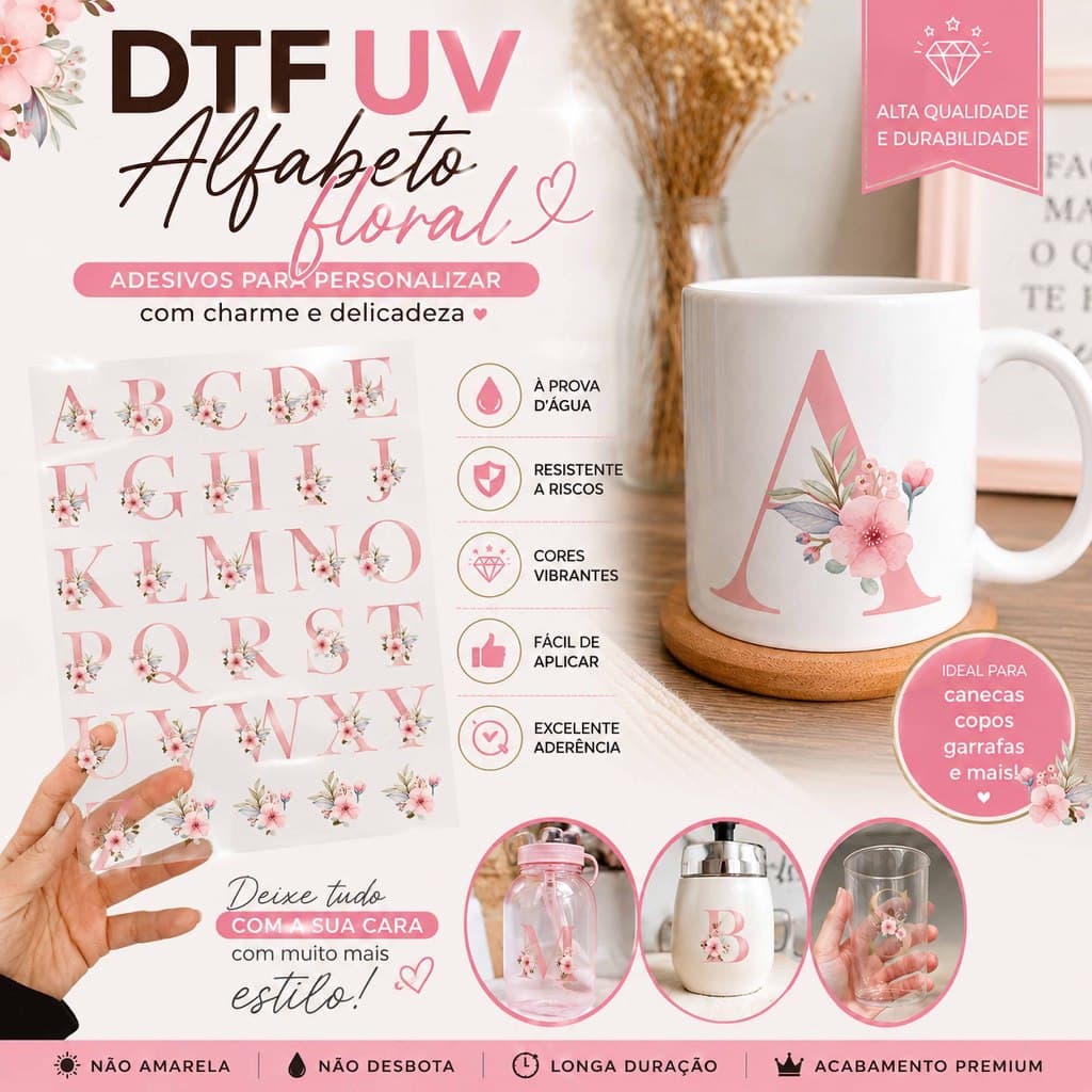Adesivos DTF UV Alfabeto Floral Rosa | Letras Delicadas para Personalizações diversas.