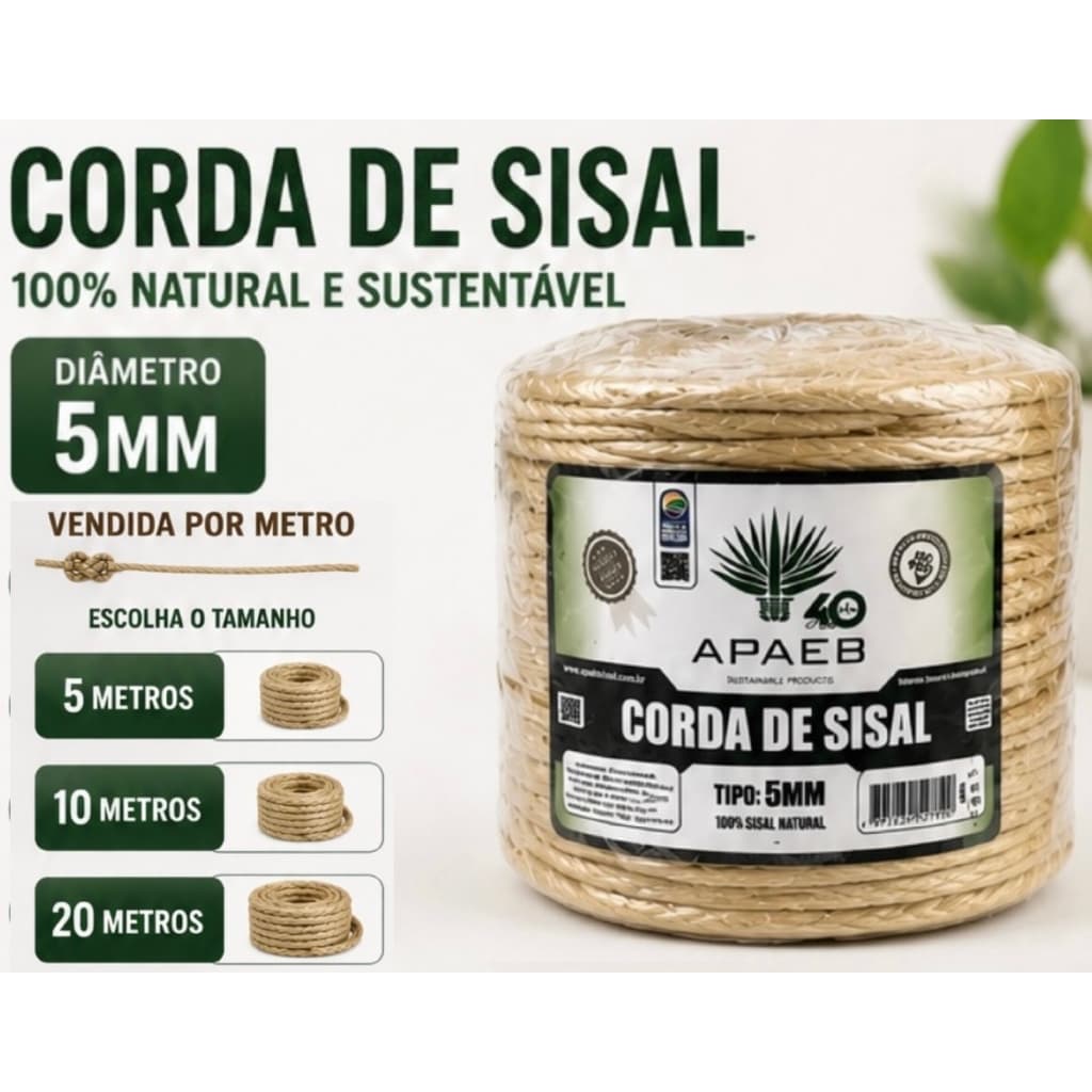 Corda de Sisal Natural média 5mm 5, 10, 20 metros artesanato Amarrações Decoração Rústica arranhador gato