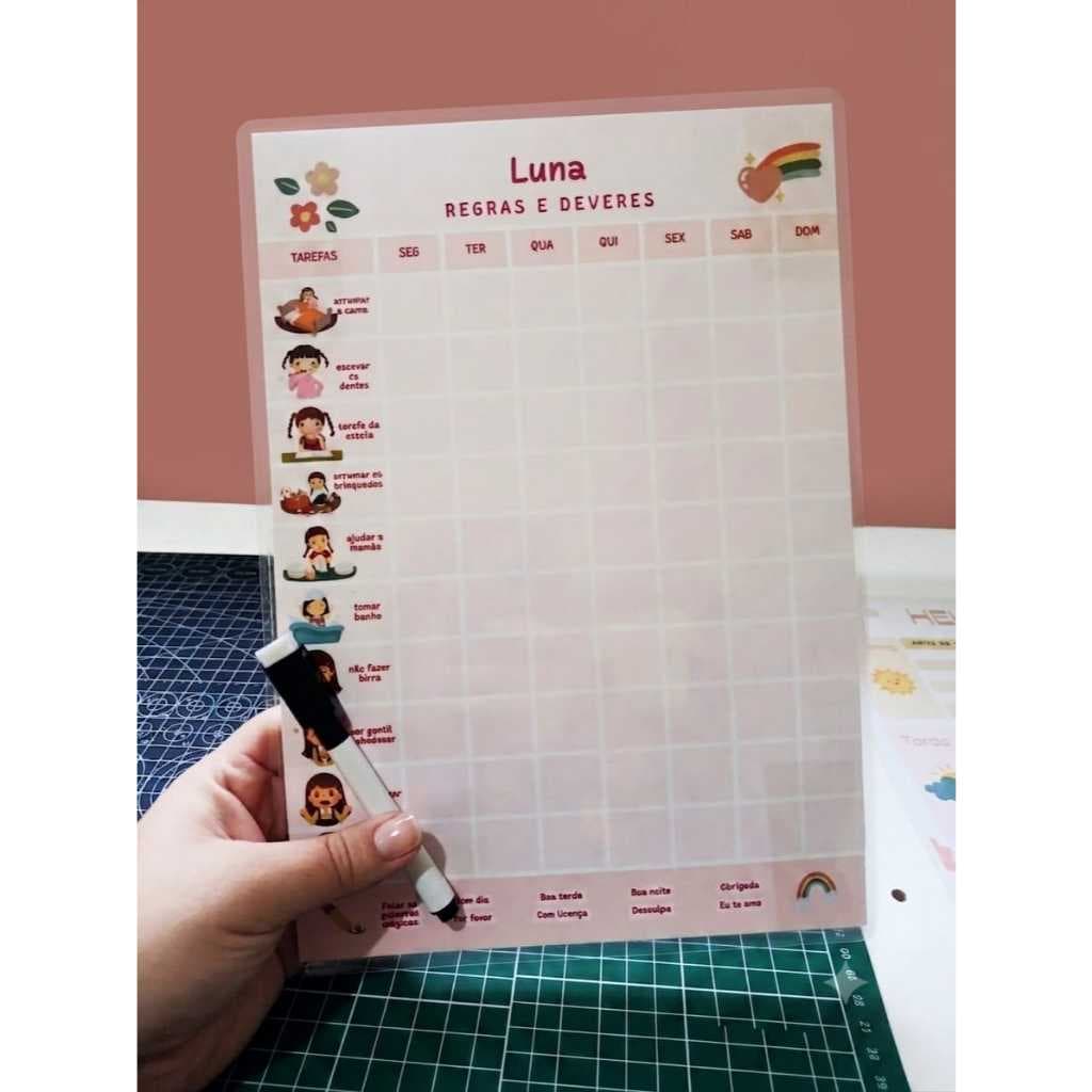 Quadro De Tarefas E Planner Personalizado Imã Geladeira + Caneta Apagavel A4