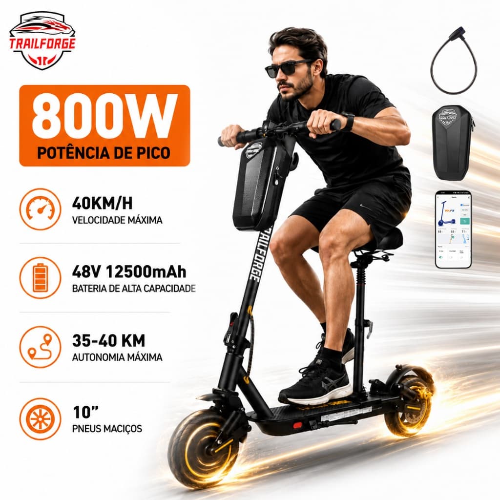 Trailforge-T1 Patinete Elétrico 10"800w 12.5AH 40km/h Scooter elétrica com Aplicativo Bluetooth