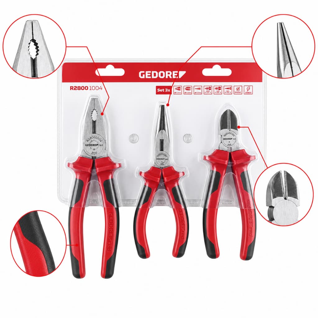 Jogo de Alicates Gedore Red 3 Peças Universal Bico e Corte 1000V Profissional