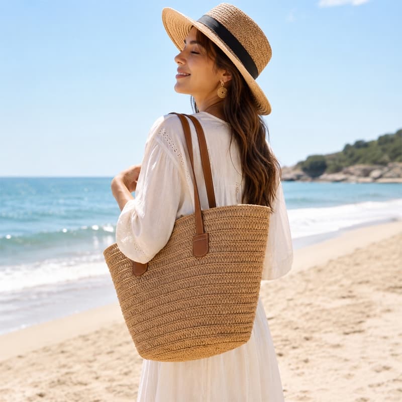 Bolsa Feminina de Palha Grande Ombro Trançada Casual Praia Verão Sacola Tote para Trabalho e Passeio