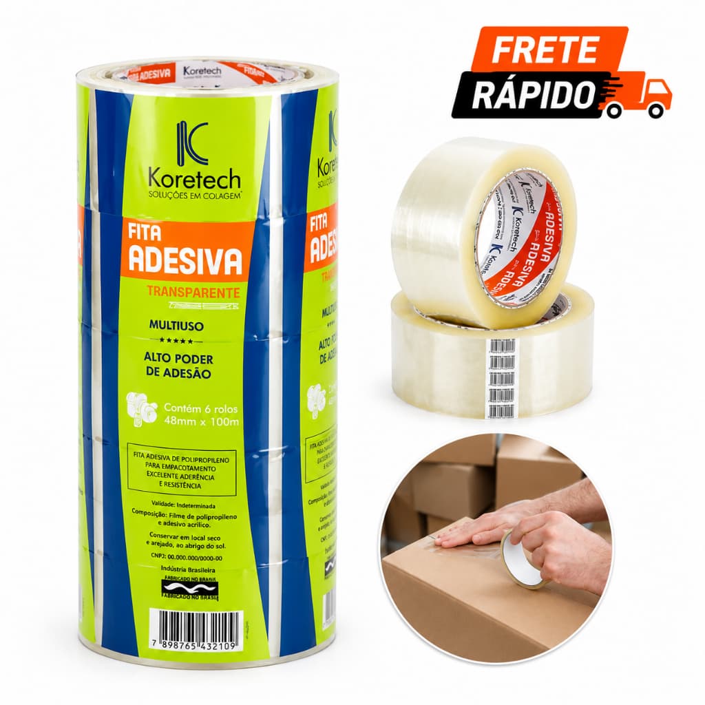 Kit 5 Fita Adesiva Transparente 45mm x 100m Empacotamento Caixa Papelão Mudança Encomendas E-commerce Lacre