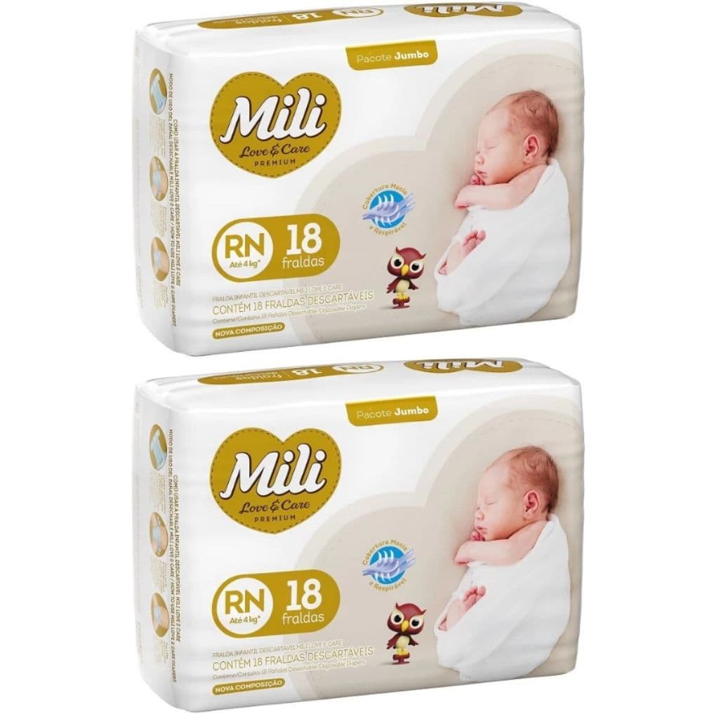 Kit 2 pcts Fralda Mili Love & Care RN, Pacote com 18un até 4 kg