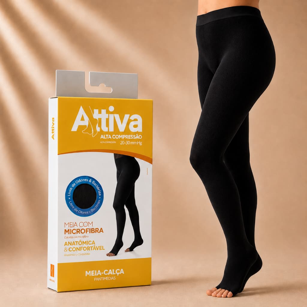 Meia Calça Alta Compressão 20-30mmHg Cor preta Ponteira Aberta Varizes - Attiva