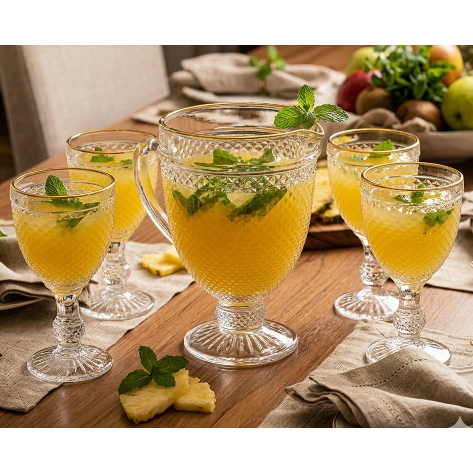 Jogo De Suco Vidro Imperial Diamond Jarra 1,3L E 6 Taças 300ml Mesa Posta