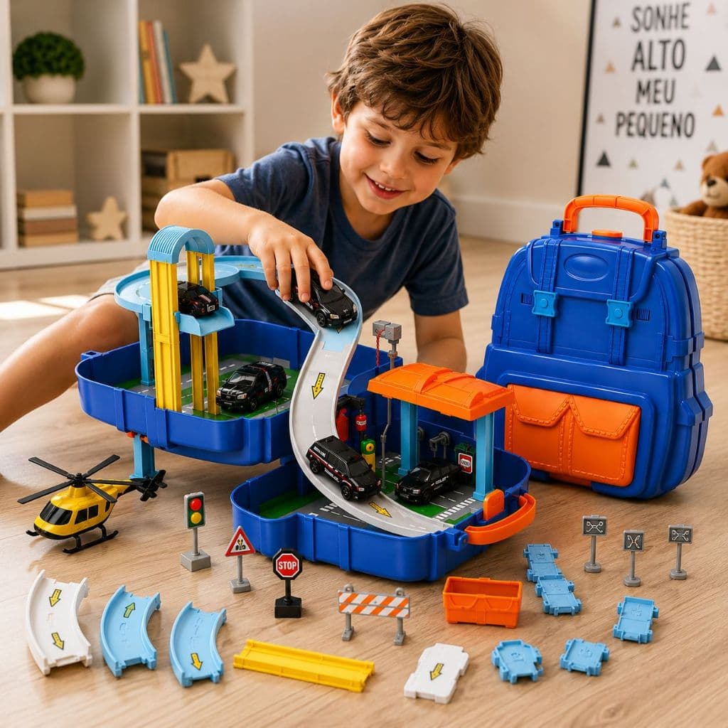 Kit Police Mochila 34 Peças Pista Carrinhos Helicóptero Brinquedo Infantil