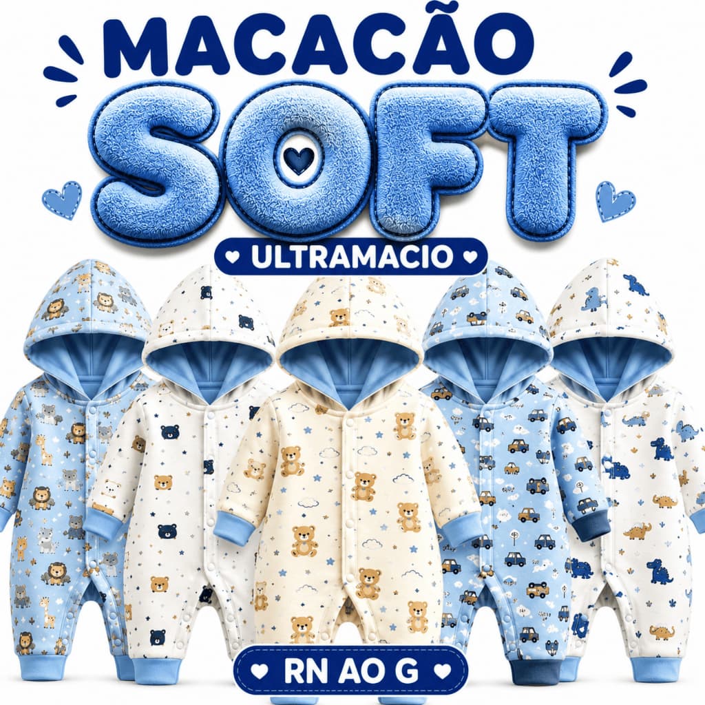 Kit 2 3 Macacão Soft Ultramacio Bebê Menino Com Capuz RN ao G Inverno