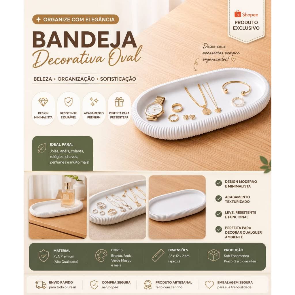 Bandeja Organizadora para Penteadeira com Divisórias | Organizador de Maquiagem, Skincare e Cosméticos | Produto 3D