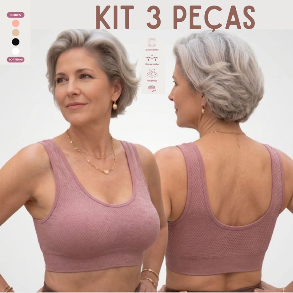 Kit 3 Tops Sem Costura Feminino Alça Larga Poliamida Alta Sustentação Com Bojo Removível Confortável