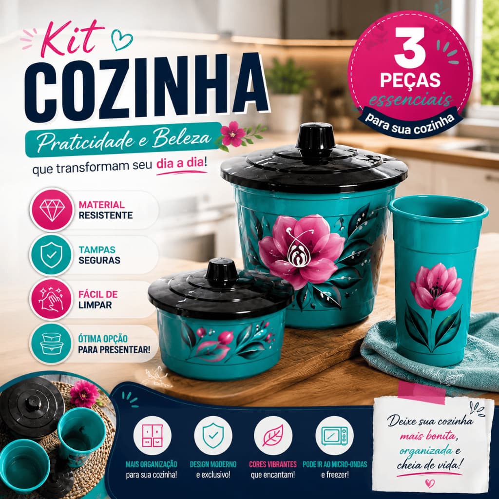 Kit Pia Decorado 3 Peças Porta Detergente Porta Sabão e Lixeira Plástico