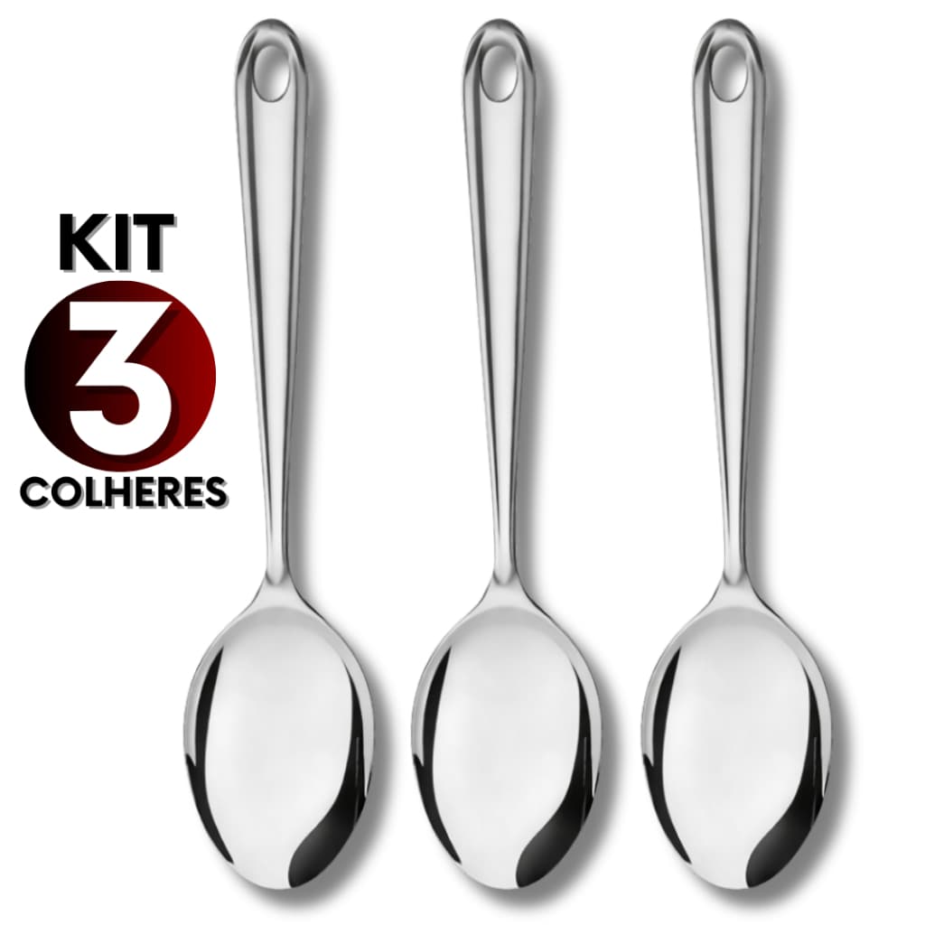 Kit 3 Colher de Arroz Inox 26cm Resistente Utensílio de Cozinha para Servir com Facilidade