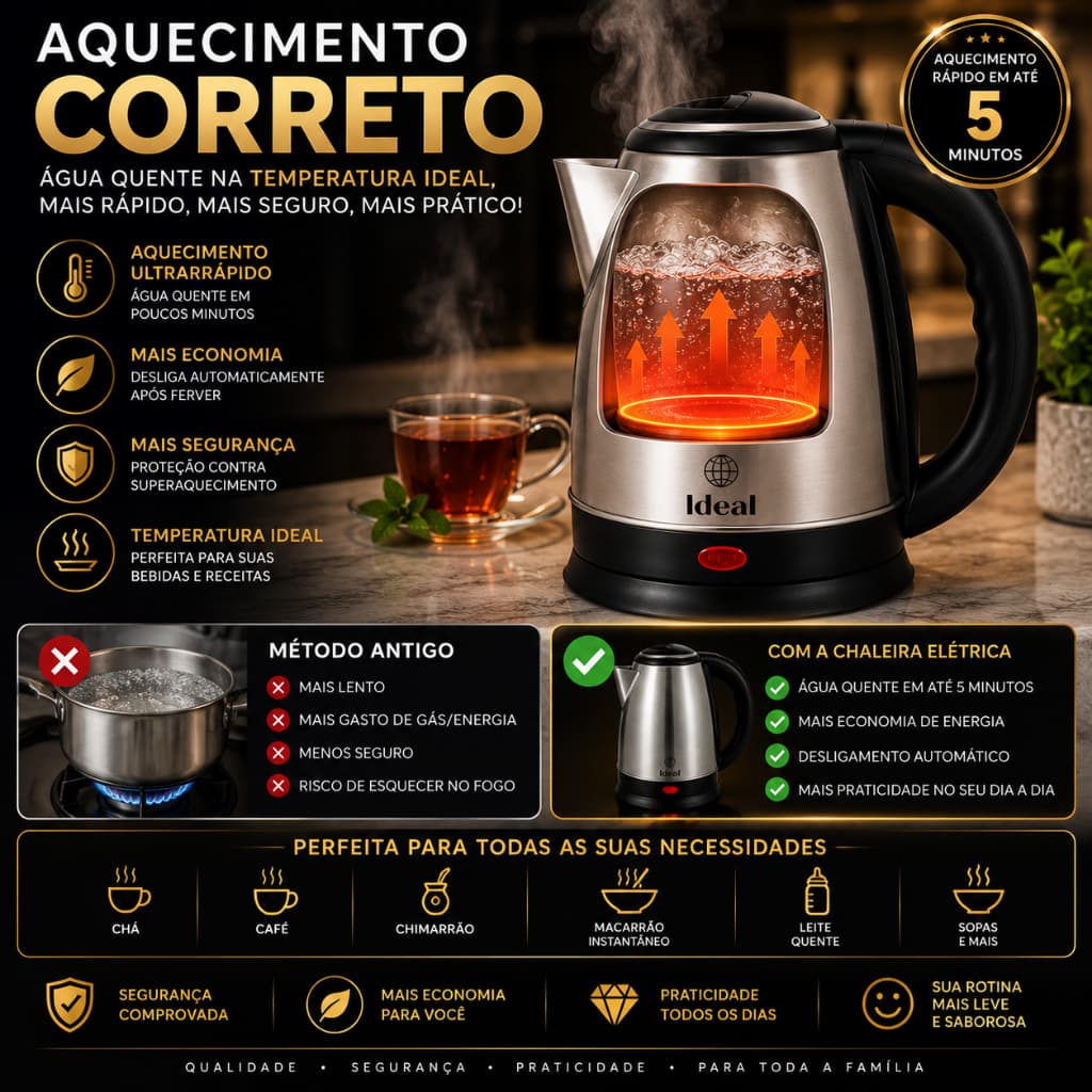 Chaleira Elétrica Inox 1,8L 1500W Desligamento Automático café, chá, com base, Inox chic para cozinha escritorio  buffet