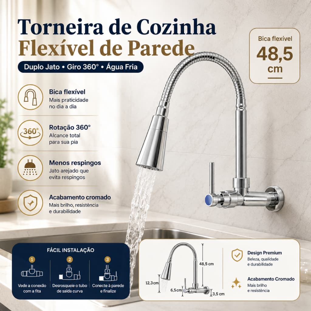Torneira De Cozinha Parede Flexível 360° Duplo Jato Água Fria Prata