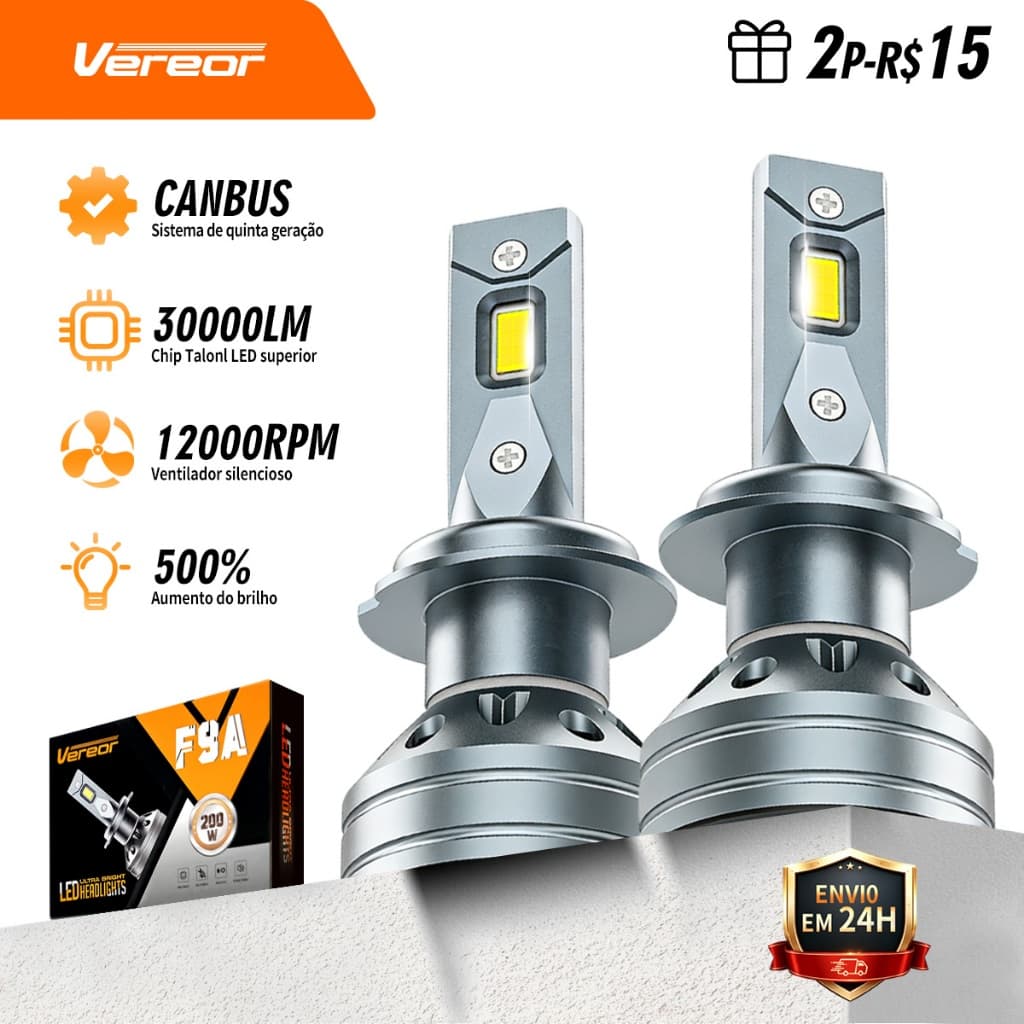Par Lâmpada LED F9A 200W 30000LM 6000K Farol de Carro Ventilador IP68 H1/H3/H4/H7/H11/9005/9006