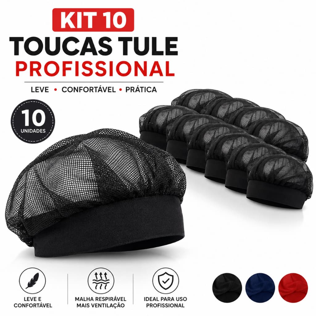 Kit 10 Touca Tule de Cozinha Profissional Super Confortável de Redinha Lavavél Bufet Gourmet Cozinheiro Profissional