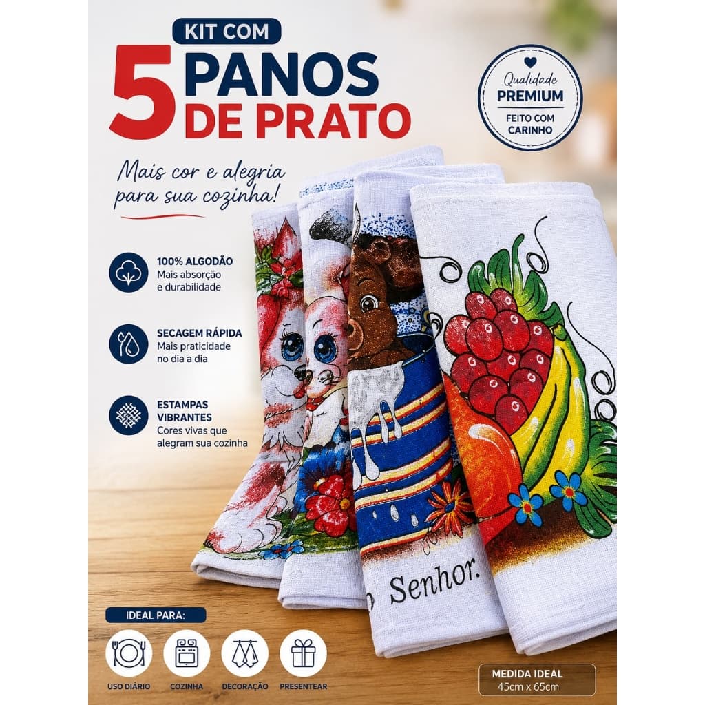 Kit 5 Panos de Prato Estampado 45cm x 75cm