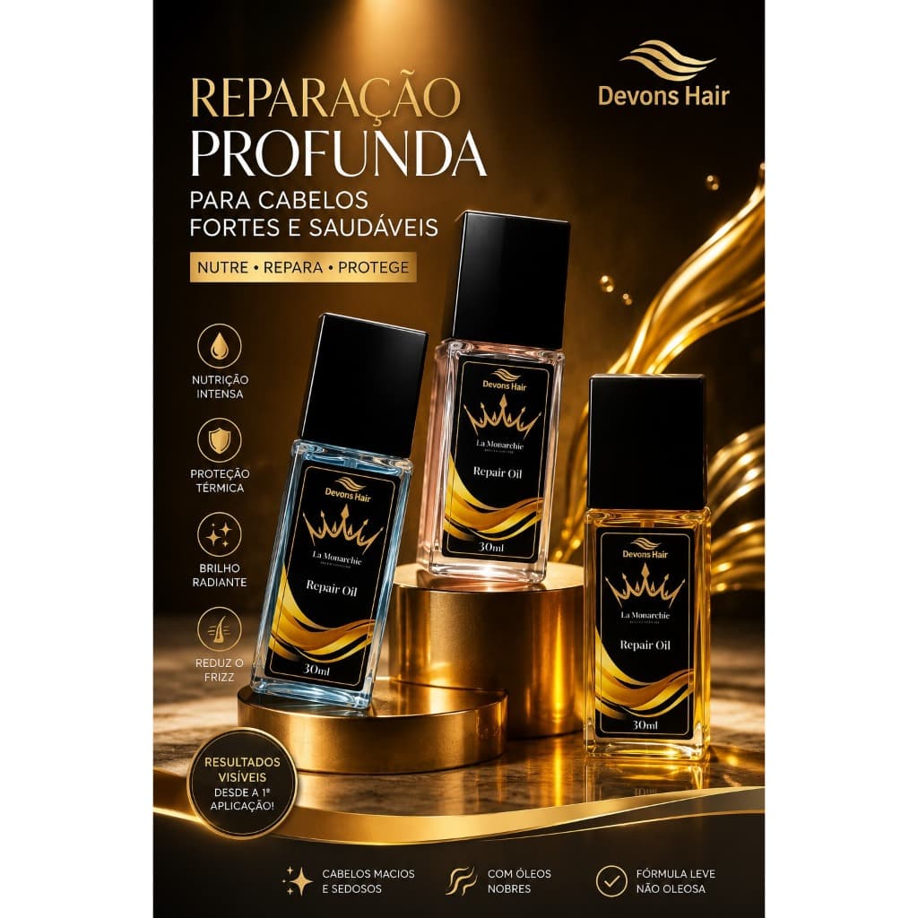 Repair Oil La Monarchie Devons Hair 30ml Óleo Reparador de Pontas Anti Frizz Brilho Intenso Proteção Térmica