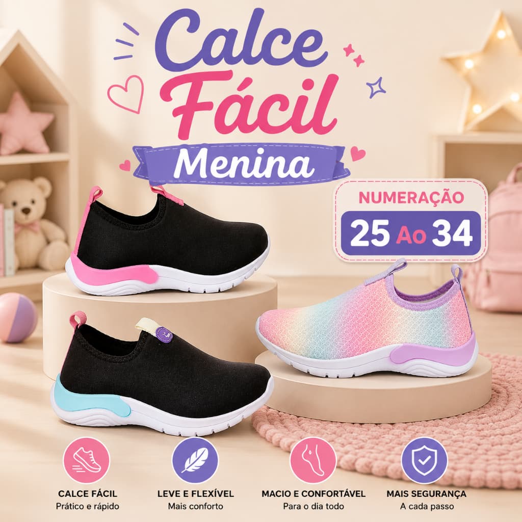 Tênis Infantil Menina Calce Fácil Confortável Original Super Leve Volta às Aulas